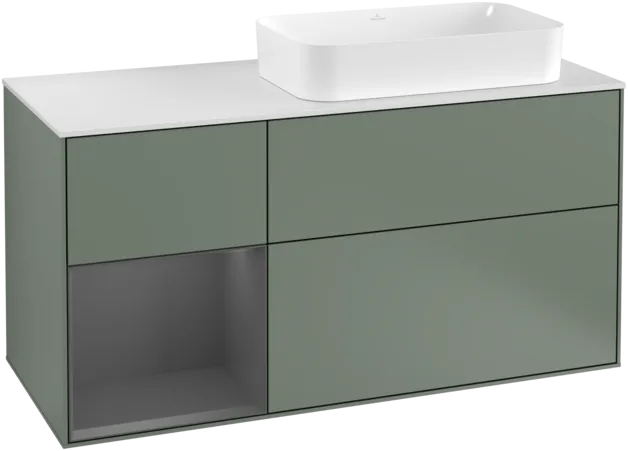 VILLEROY BOCH Toaletní skříňka Finion, s osvětlením, 3 výsuvy, 1200 x 603 x 501 mm, olivový matný lak / antracitový matný lak / bílé matné sklo #F271GKGM