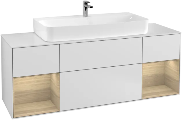VILLEROY BOCH Toaletní skříňka Finion, s osvětlením, 4 výsuvy, 1600 x 603 x 501 mm, bílý matný lak / dubová dýha / sklo bílé matné #F211PCMT, obrázek 1