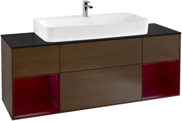 VILLEROY BOCH Toaletní skříňka Finion, s osvětlením, 4 výsuvy, 1600 x 603 x 501 mm, ořechová dýha / pivoňkový matný lak / černé matné sklo #F212HBGN, obrázek 1