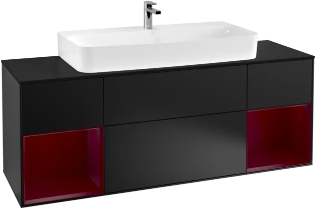 VILLEROY BOCH Toaletní skříňka Finion, s osvětlením, 4 výsuvy, 1600 x 603 x 501 mm, černý matný lak / pivoňkový matný lak / černé matné sklo #F212HBPD