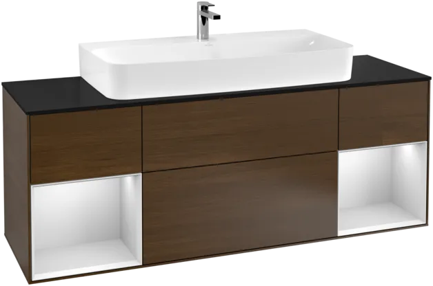 VILLEROY BOCH Toaletní skříňka Finion, s osvětlením, 4 výsuvy, 1600 x 603 x 501 mm, ořechová dýha / bílý matný lak / černé matné sklo #F212MTGN