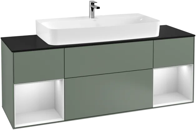 VILLEROY BOCH Toaletní skříňka Finion, s osvětlením, 4 výsuvy, 1600 x 603 x 501 mm, olivový matný lak / bílý matný lak / černé matné sklo #F212MTGM