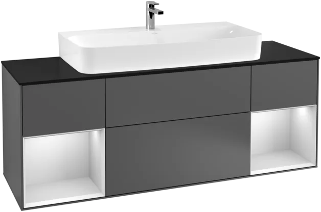 VILLEROY BOCH Toaletní skříňka Finion, s osvětlením, 4 výsuvy, 1600 x 603 x 501 mm, antracitový matný lak / bílý matný lak / černé matné sklo #F212MTGK
