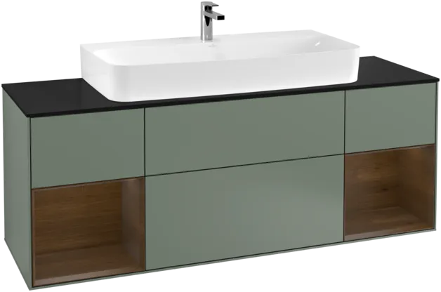 VILLEROY BOCH Toaletní skříňka Finion, s osvětlením, 4 výsuvy, 1600 x 603 x 501 mm, olivový matný lak / ořechová dýha / černé matné sklo #F212GNGM