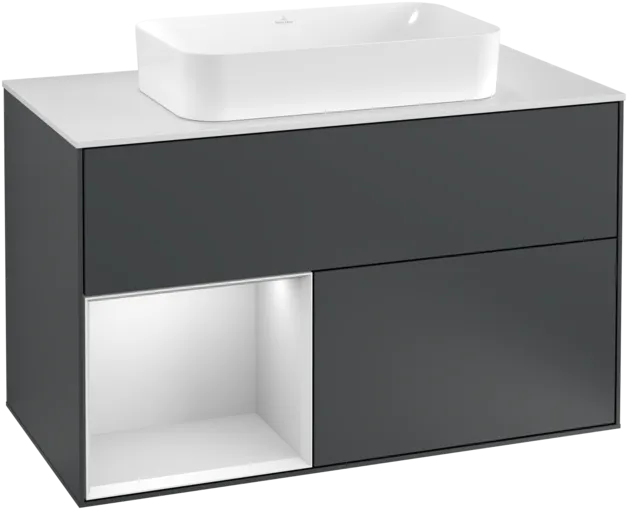 VILLEROY BOCH Toaletní skříňka Finion, s osvětlením, 2 výsuvy, 1000 x 603 x 501 mm, Midnight Blue Matt Lacquer / White Matt Lacquer / Glass White Matt #F241MTHG