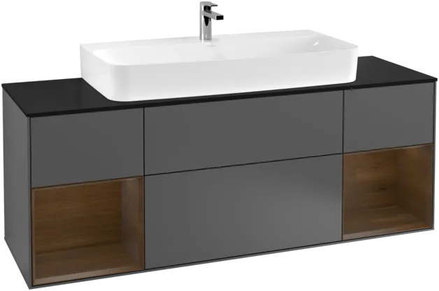VILLEROY BOCH Toaletní skříňka Finion, s osvětlením, 4 výsuvy, 1600 x 603 x 501 mm, antracitový matný lak / ořechová dýha / černé matné sklo #F212GNGK