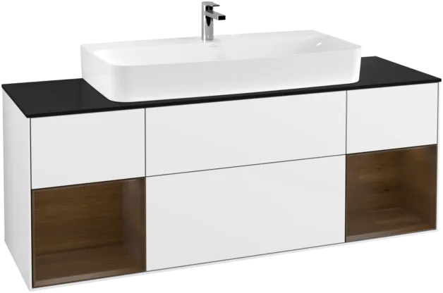 VILLEROY BOCH Toaletní skříňka Finion, s osvětlením, 4 výsuvy, 1600 x 603 x 501 mm, lesklý bílý lak / ořechová dýha / černé matné sklo #F212GNGF