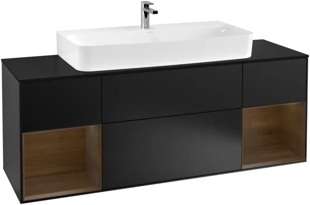 VILLEROY BOCH Toaletní skříňka Finion, s osvětlením, 4 výsuvy, 1600 x 603 x 501 mm, černý matný lak / ořechová dýha / černé matné sklo #F212GNPD