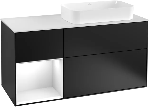 VILLEROY BOCH Toaletní skříňka Finion, s osvětlením, 3 výsuvy, 1200 x 603 x 501 mm, černý matný lak / bílý lesklý lak / bílé matné sklo #F271GFPD