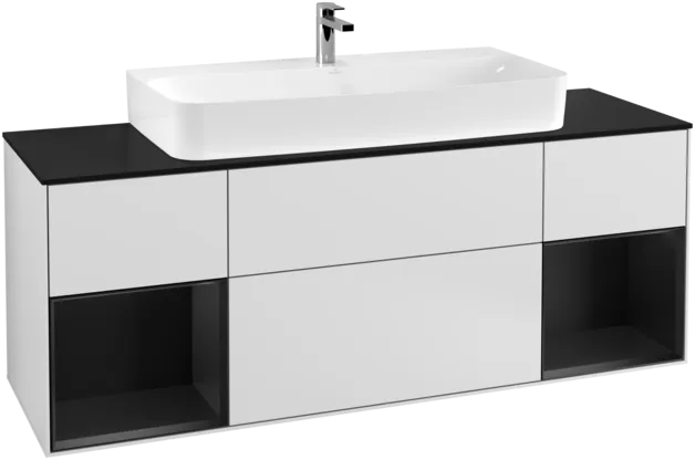 VILLEROY BOCH Toaletní skříňka Finion, s osvětlením, 4 výsuvy, 1600 x 603 x 501 mm, bílý matný lak / černý matný lak / černé matné sklo #F212PDMT