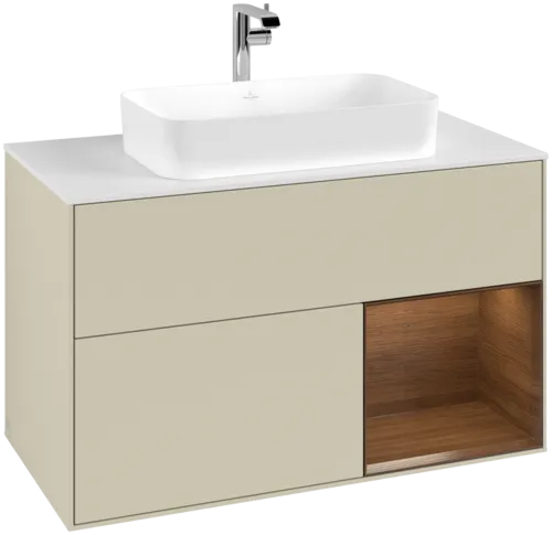 VILLEROY BOCH Toaletní skříňka Finion, s osvětlením, 2 výsuvy, 1000 x 603 x 501 mm, hedvábně šedý matný lak / ořechová dýha / sklo bílé matné #F251GNHJ