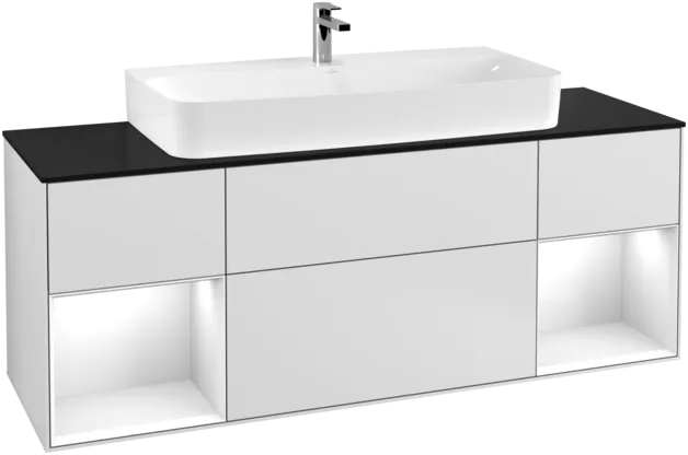 VILLEROY BOCH Toaletní skříňka Finion, s osvětlením, 4 výsuvy, 1600 x 603 x 501 mm, bílý matný lak / bílý lesklý lak / černé matné sklo #F212GFMT