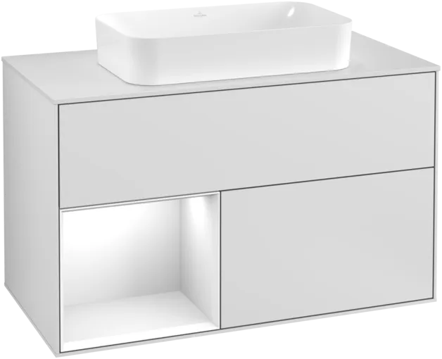 VILLEROY BOCH Umyvadlová skříňka Finion, s osvětlením, 2 výsuvy, 1000 x 603 x 501 mm, bílý matný lak / bílý lesklý lak / bílé matné sklo #F241GFMT