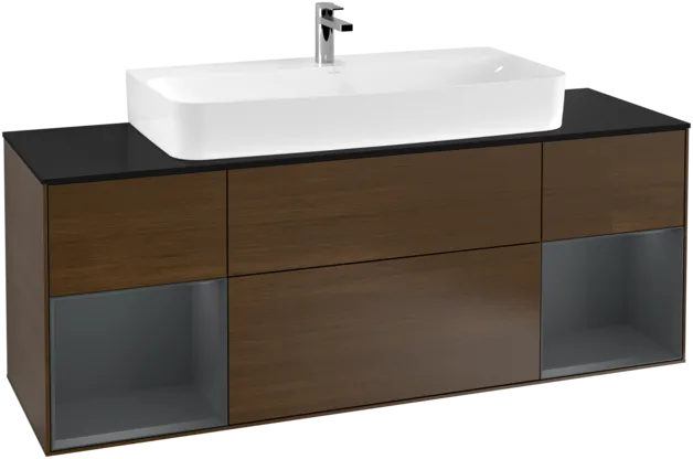 VILLEROY BOCH Toaletní skříňka Finion, s osvětlením, 4 výsuvy, 1600 x 603 x 501 mm, ořechová dýha / půlnočně modrý matný lak / černé matné sklo #F212HGGN, obrázek 1