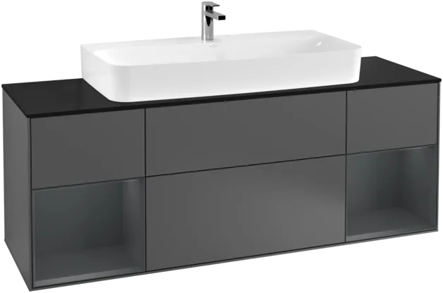 VILLEROY BOCH Toaletní skříňka Finion, s osvětlením, 4 výsuvy, 1600 x 603 x 501 mm, antracitový matný lak / půlnoční modrý matný lak / černé matné sklo #F212HGGK
