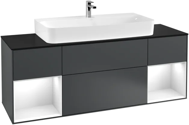 VILLEROY BOCH Toaletní skříňka Finion, s osvětlením, 4 výsuvy, 1600 x 603 x 501 mm, Midnight Blue Matt Lacquer / Glossy White Lacquer / Glass Black Matt #F212GFHG