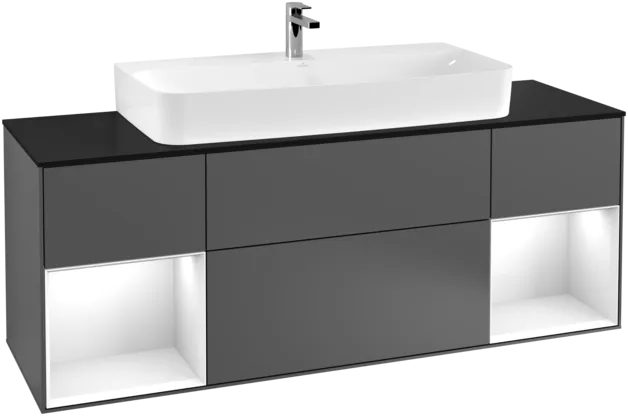 VILLEROY BOCH Toaletní skříňka Finion, s osvětlením, 4 výsuvy, 1600 x 603 x 501 mm, antracitový matný lak / lesklý bílý lak / černé matné sklo #F212GFGK
