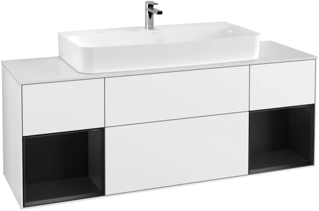 VILLEROY BOCH Toaletní skříňka Finion, s osvětlením, 4 výsuvy, 1600 x 603 x 501 mm, lesklý bílý lak / černý matný lak / sklo bílé matné #F211PDGF, obrázek 1