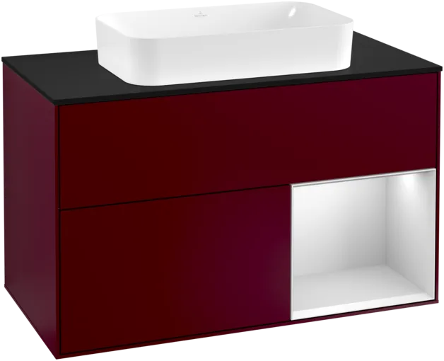 VILLEROY BOCH Toaletní skříňka Finion, s osvětlením, 2 výsuvy, 1000 x 603 x 501 mm, Pivoňka matný lak / Bílý matný lak / Sklo černé matné #F252MTHB