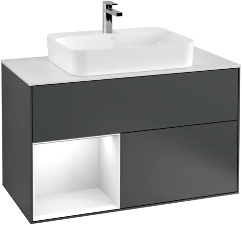 VILLEROY BOCH Toaletní skříňka Finion, s osvětlením, 2 výsuvy, 1000 x 603 x 501 mm, Midnight Blue Matt Lacquer / Glossy White Lacquer / Glass White Matt #F361GFHG, obrázek 1