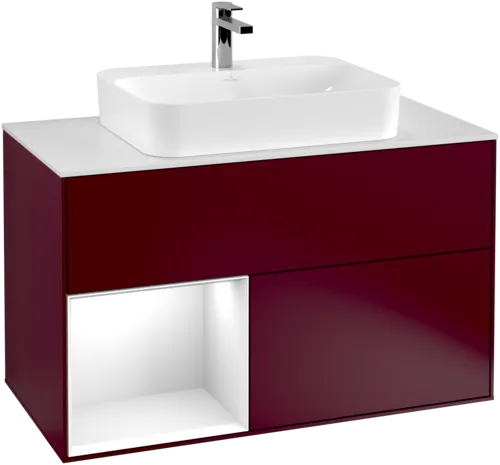 VILLEROY BOCH Toaletní skříňka Finion, s osvětlením, 2 výsuvy, 1000 x 603 x 501 mm, Pivoňka matný lak / lesklý bílý lak / sklo bílé matné #F361GFHB