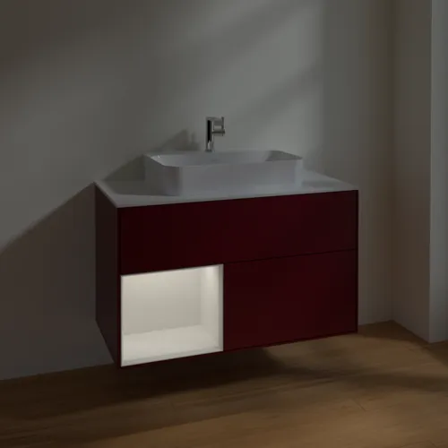 VILLEROY BOCH Toaletní skříňka Finion, s osvětlením, 2 výsuvy, 1000 x 603 x 501 mm, Pivoňka matný lak / lesklý bílý lak / sklo bílé matné #F361GFHB, obrázek 5