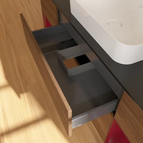 VILLEROY BOCH Toaletní skříňka Finion, s osvětlením, 4 výsuvy, 1600 x 603 x 501 mm, ořechová dýha / pivoňkový matný lak / černé matné sklo #F332HBGN, obrázek 8