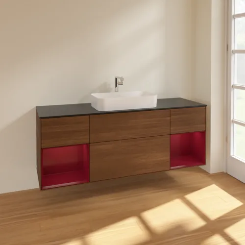 VILLEROY BOCH Toaletní skříňka Finion, s osvětlením, 4 výsuvy, 1600 x 603 x 501 mm, ořechová dýha / pivoňkový matný lak / černé matné sklo #F332HBGN, obrázek 2