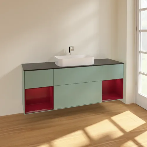 VILLEROY BOCH Toaletní skříňka Finion, s osvětlením, 4 výsuvy, 1600 x 603 x 501 mm, olivový matný lak / pivoňkový matný lak / černé matné sklo #F332HBGM, obrázek 2