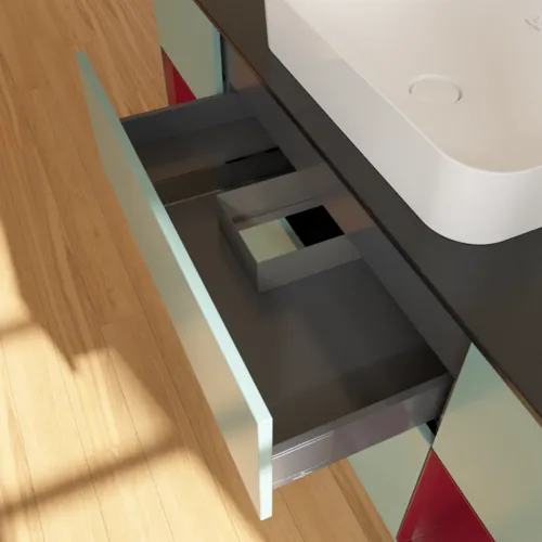 VILLEROY BOCH Toaletní skříňka Finion, s osvětlením, 4 výsuvy, 1600 x 603 x 501 mm, olivový matný lak / pivoňkový matný lak / černé matné sklo #F332HBGM, obrázek 8
