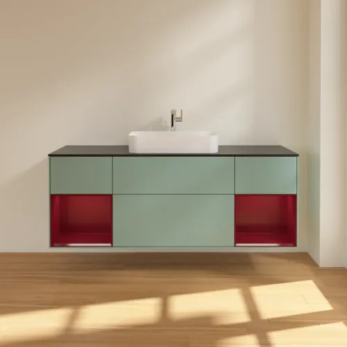 VILLEROY BOCH Toaletní skříňka Finion, s osvětlením, 4 výsuvy, 1600 x 603 x 501 mm, olivový matný lak / pivoňkový matný lak / černé matné sklo #F332HBGM, obrázek 3