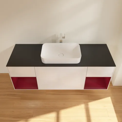 VILLEROY BOCH Toaletní skříňka Finion, s osvětlením, 4 výsuvy, 1600 x 603 x 501 mm, lesklý bílý lak / matný lak Pivoňka / matné černé sklo #F332HBGF, obrázek 4