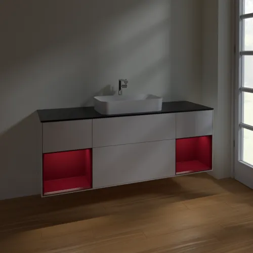 VILLEROY BOCH Toaletní skříňka Finion, s osvětlením, 4 výsuvy, 1600 x 603 x 501 mm, lesklý bílý lak / matný lak Pivoňka / matné černé sklo #F332HBGF, obrázek 5