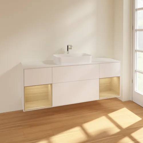 VILLEROY BOCH Toaletní skříňka Finion, s osvětlením, 4 výsuvy, 1600 x 603 x 501 mm, bílý matný lak / dubová dýha / sklo bílé matné #F331PCMT, obrázek 2