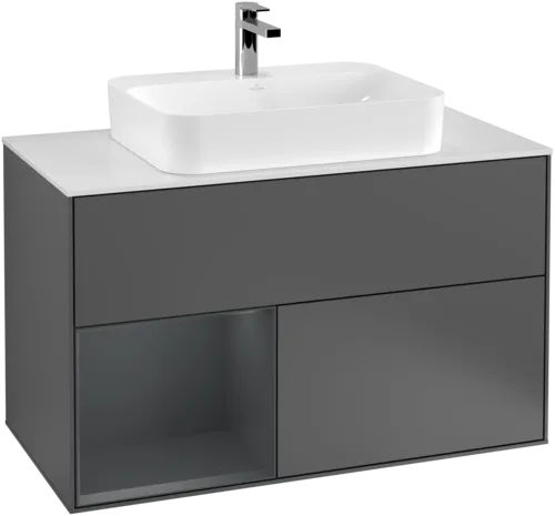 VILLEROY BOCH Toaletní skříňka Finion, s osvětlením, 2 výsuvy, 1000 x 603 x 501 mm, antracitový matný lak / půlnoční modrý matný lak / bílé matné sklo #F361HGGK