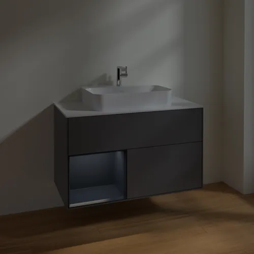 VILLEROY BOCH Toaletní skříňka Finion, s osvětlením, 2 výsuvy, 1000 x 603 x 501 mm, antracitový matný lak / půlnoční modrý matný lak / bílé matné sklo #F361HGGK, obrázek 5