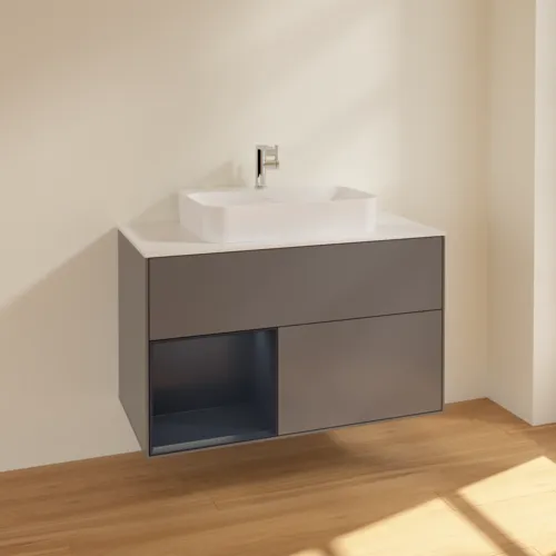 VILLEROY BOCH Toaletní skříňka Finion, s osvětlením, 2 výsuvy, 1000 x 603 x 501 mm, antracitový matný lak / půlnoční modrý matný lak / bílé matné sklo #F361HGGK, obrázek 2