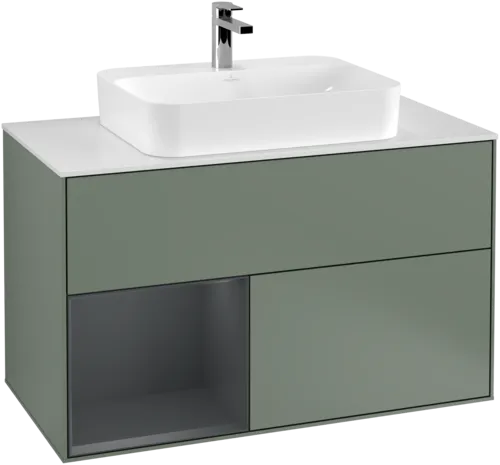 VILLEROY BOCH Toaletní skříňka Finion, s osvětlením, 2 výsuvy, 1000 x 603 x 501 mm, olivový matný lak / půlnoční modrý matný lak / bílé matné sklo #F361HGGM, obrázek 1