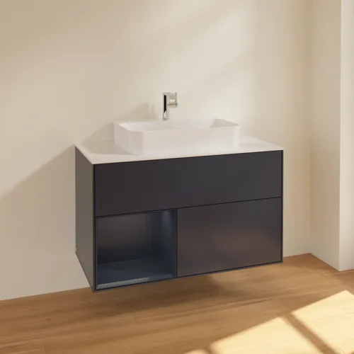 VILLEROY BOCH Toaletní skříňka Finion, s osvětlením, 2 výsuvy, 1000 x 603 x 501 mm, Midnight Blue Matt Lacquer / Midnight Blue Matt Lacquer / Glass White Matt #F361HGHG, obrázek 2