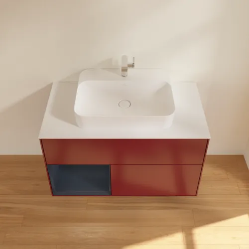 VILLEROY BOCH Toaletní skříňka Finion, s osvětlením, 2 výsuvy, 1000 x 603 x 501 mm, Pivoňka matný lak / Půlnoční modrá matný lak / Sklo bílé matné #F361HGHB, obrázek 4