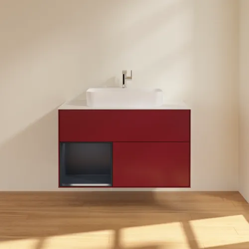 VILLEROY BOCH Toaletní skříňka Finion, s osvětlením, 2 výsuvy, 1000 x 603 x 501 mm, Pivoňka matný lak / Půlnoční modrá matný lak / Sklo bílé matné #F361HGHB, obrázek 3