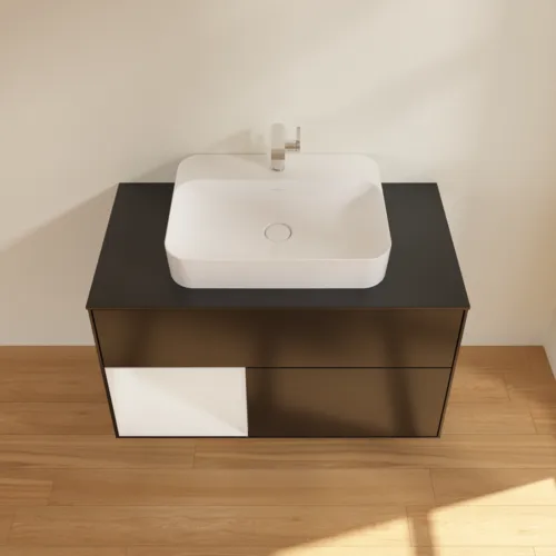 VILLEROY BOCH Umyvadlová skříňka Finion, s osvětlením, 2 výsuvy, 1000 x 603 x 501 mm, černý matný lak / lesklý bílý lak / černé matné sklo #F362GFPD, obrázek 4