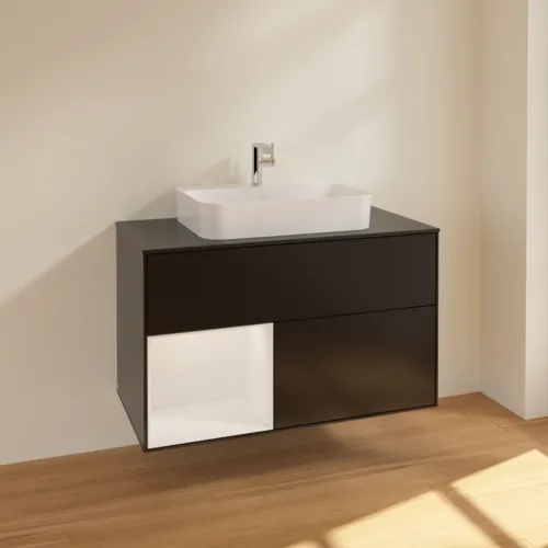 VILLEROY BOCH Umyvadlová skříňka Finion, s osvětlením, 2 výsuvy, 1000 x 603 x 501 mm, černý matný lak / lesklý bílý lak / černé matné sklo #F362GFPD, obrázek 2