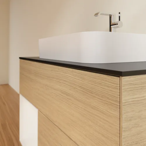 VILLEROY BOCH Toaletní skříňka Finion, s osvětlením, 2 výsuvy, 1000 x 603 x 501 mm, dubová dýha / lesklý bílý lak / černé matné sklo #F362GFPC, obrázek 6