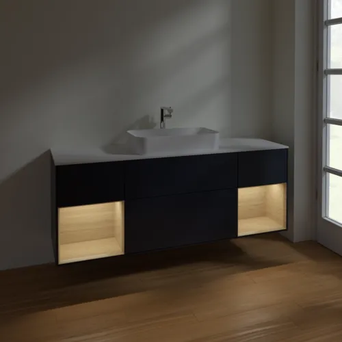 VILLEROY BOCH Toaletní skříňka Finion, s osvětlením, 4 výsuvy, 1600 x 603 x 501 mm, matný lak Midnight Blue / dubová dýha / matné bílé sklo #F331PCHG, obrázek 5