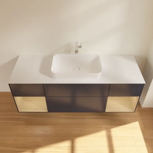 VILLEROY BOCH Toaletní skříňka Finion, s osvětlením, 4 výsuvy, 1600 x 603 x 501 mm, matný lak Midnight Blue / dubová dýha / matné bílé sklo #F331PCHG, obrázek 4