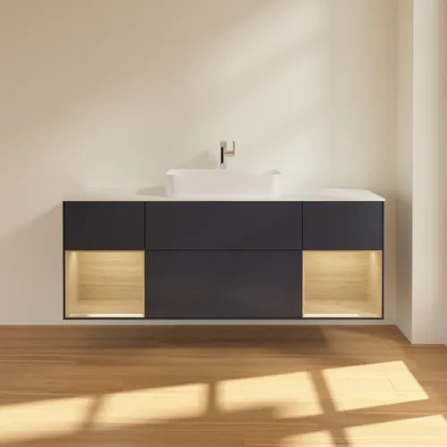 VILLEROY BOCH Toaletní skříňka Finion, s osvětlením, 4 výsuvy, 1600 x 603 x 501 mm, matný lak Midnight Blue / dubová dýha / matné bílé sklo #F331PCHG, obrázek 3
