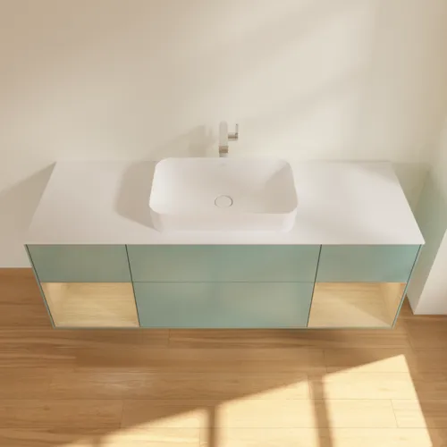 VILLEROY BOCH Toaletní skříňka Finion, s osvětlením, 4 výsuvy, 1600 x 603 x 501 mm, olivový matný lak / dubová dýha / sklo bílé matné #F331PCGM, obrázek 4