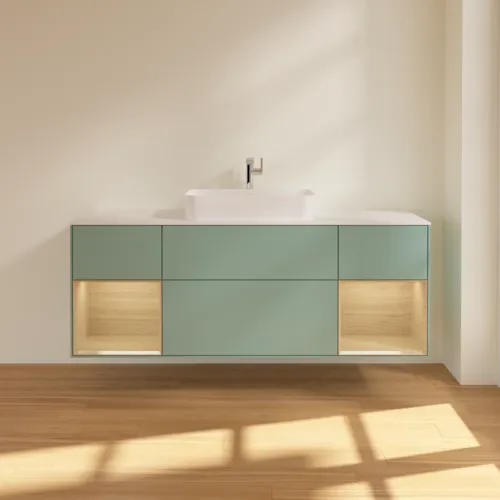 VILLEROY BOCH Toaletní skříňka Finion, s osvětlením, 4 výsuvy, 1600 x 603 x 501 mm, olivový matný lak / dubová dýha / sklo bílé matné #F331PCGM, obrázek 3