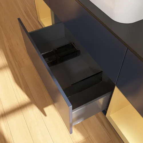 VILLEROY BOCH Toaletní skříňka Finion, s osvětlením, 4 výsuvy, 1600 x 603 x 501 mm, Midnight Blue Matt Lacquer / Gold Matt Lacquer / Glass Black Matt #F332HFHG, obrázek 7